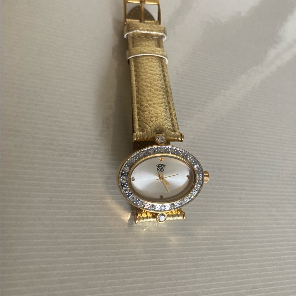 VINTAGE ELIZABETH TAYLOR GOLD FAUX LEATHER WOMEN’S WRISTWATCH WATCH -WORKING!!
